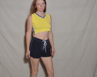 Y2k medium yellow knit crop top v neck sweater vest black white racing stripe sporty spice club kid womens vintage clothes boho biker chic