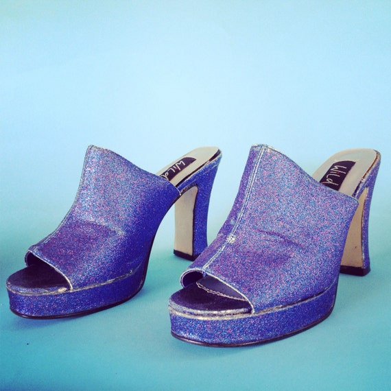 Items similar to 90s 8.5 blue glitter platform disco heels on Etsy
