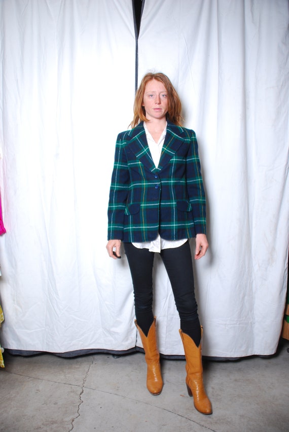 70s small Bobbie Brooks green blue tartan blazer j