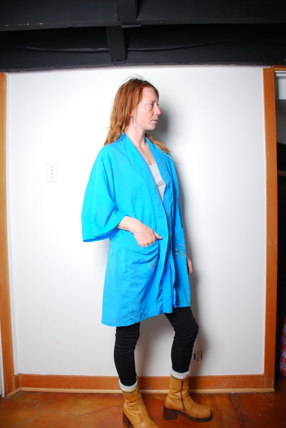 70s medium blue kimono robe embroidered lingerie … - image 4