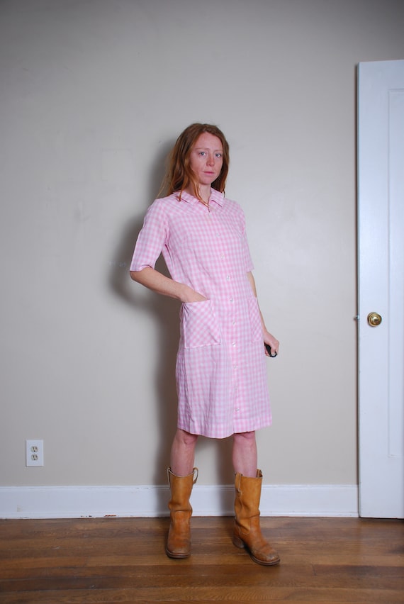 50s small pink gingham button down smock dress wom