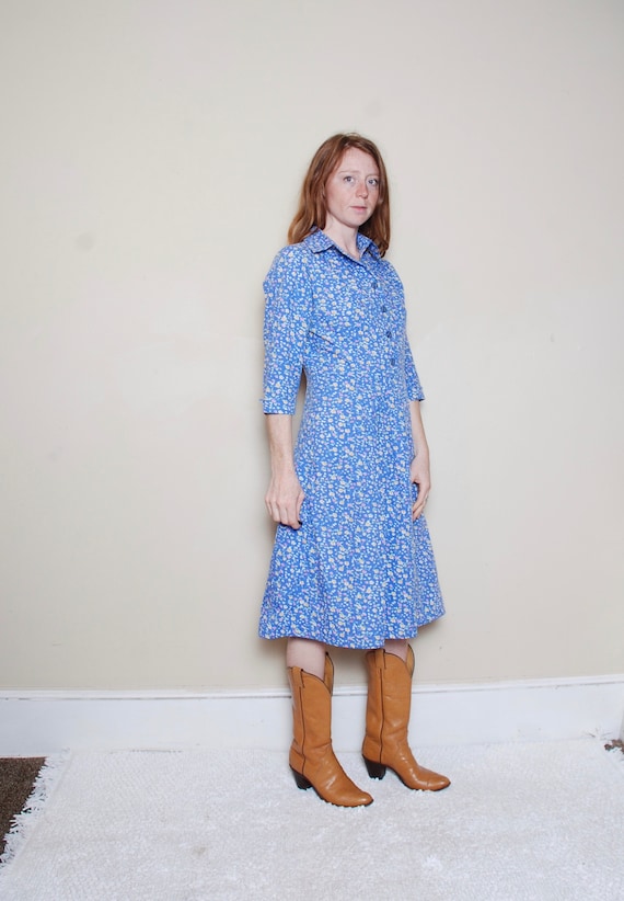 80s does 50s medium floral shirtdress blue rainbo… - image 1