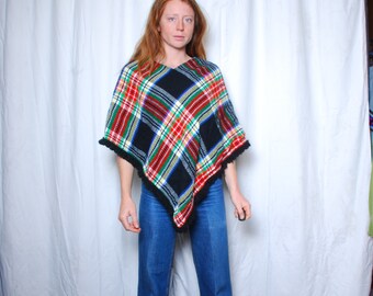 Années 70 s’adapte à tous les bords en tricot à carreaux poncho bords hiver chaud Country Set noir vert vert d’automne nouveauté chic boho hippie écossais tartan veste hip