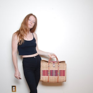 Vintage Stroh Strand Tasche Top Griff gewebt Regenbogen Sommer Frühling Picknick Markt Korb Schloss Vegan Leder natürliche Fünfer Boho Hippie Festival