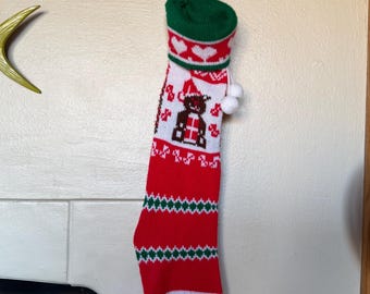 Vintage Christmas stocking red green hearts holiday gifts knit sock Santa Claus December party decoration white tassel winter family snow