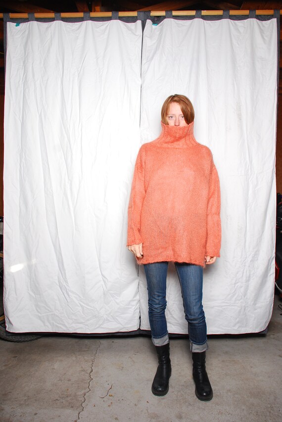 90s small oversized knit orange sweater turtle nec