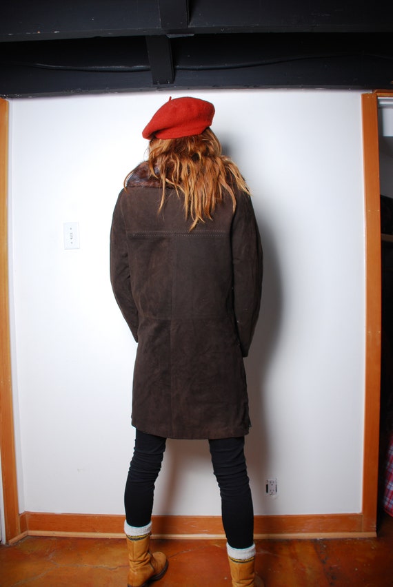 60s medium brown suede jacket fur collar mink lon… - image 3