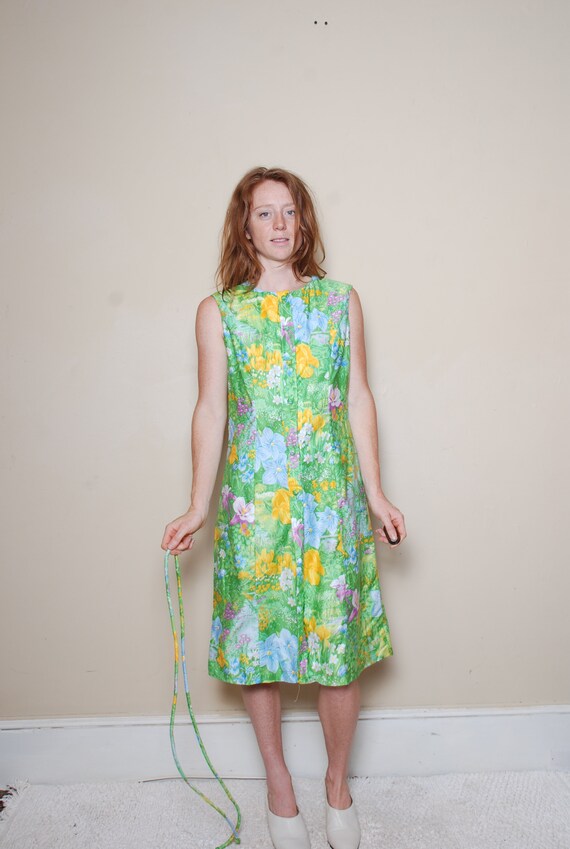 70s medium garden dress button down green floral … - image 5