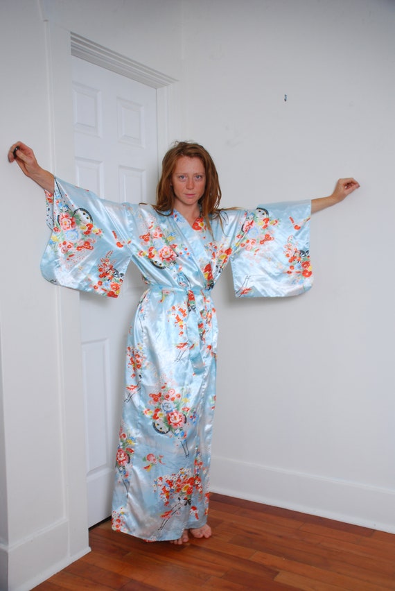 Vintage 90s light blue wrap kimono robe dress hous