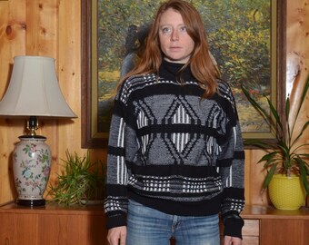 Vintage medium black white plaid turtleneck Beldoch Popper USA womens retro long sleeve boho hipster art school snow winter knit top batwing