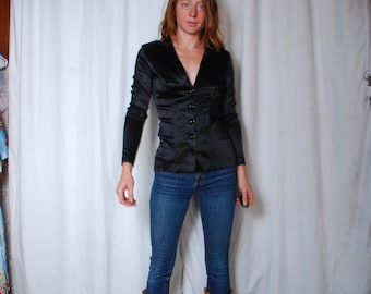 90s medio Betsey Johnson negro botón brillante hacia abajo blusa blazer profundo v cuello chaqueta punk diseñador equipado goth babe USA fancy party coat boho