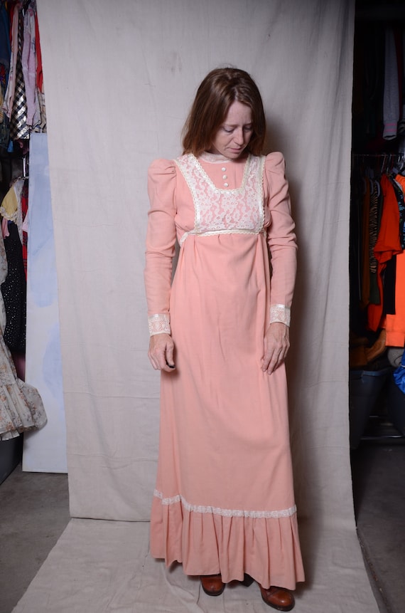 70s small peach and lace long sleeve high collar maxi dress Image by Cheri wedding novelty long sleeve waist sash Prairie 1960s 70s party