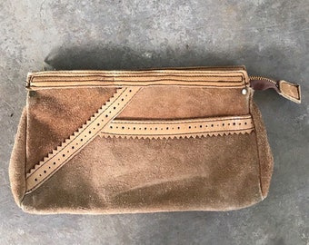 70s suede leather handbag boho hippie genuine top grain hipster wallet cow hide clutch brown tan gypsy day purse statement furhatguild retro