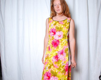 70s smock dress fits most ties at sides neon floral print maxi floor length pink yellow gown womens work maternity psychedelic apron mod hip