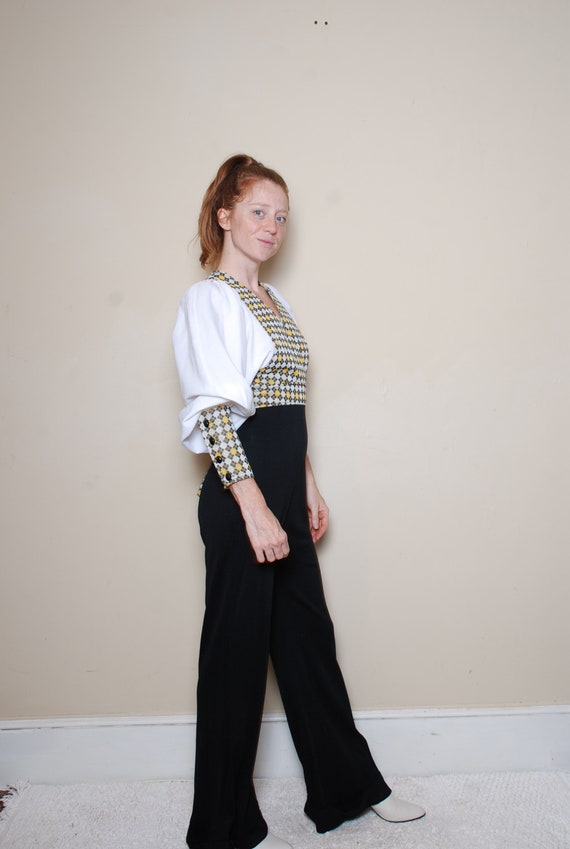 70s small medium long sleeve pantsuit belted v nec