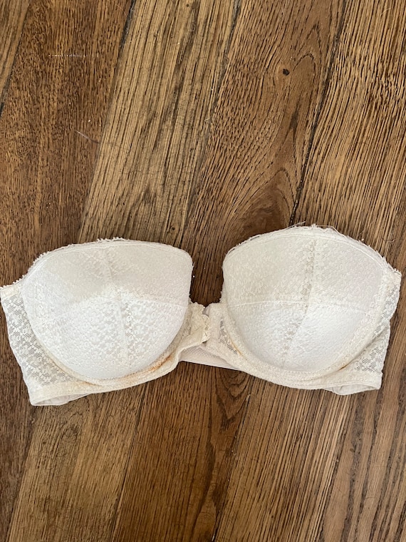 60s 34B Vintage White Lace Strapless Front Hook Bra Lingerie Sexy