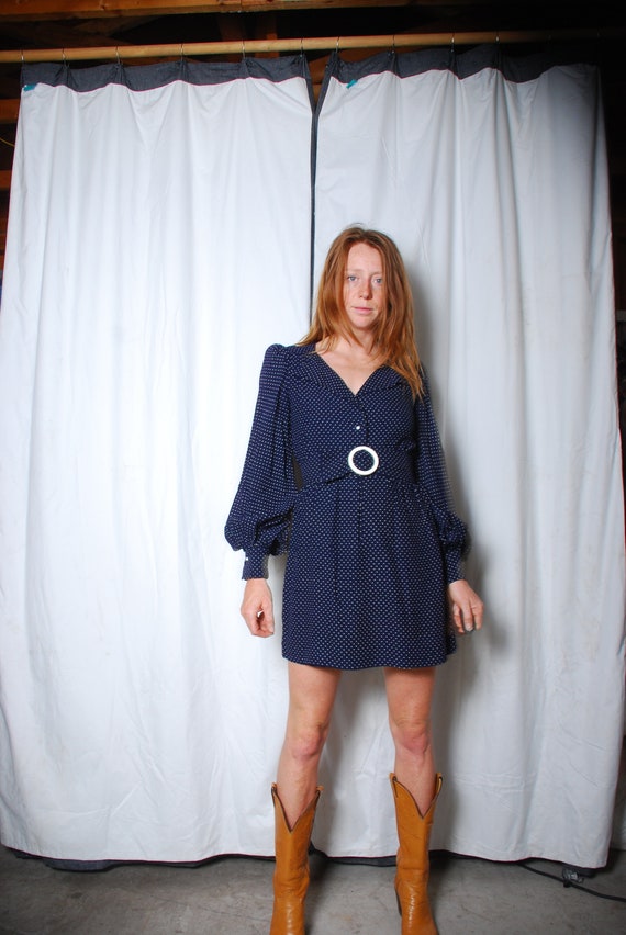 60s small long sleeve mini dress polka dot blue w… - image 6