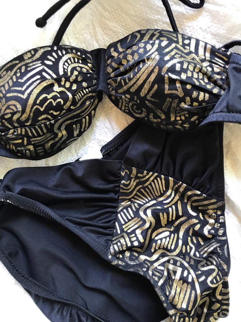 80s bikini small gold black design v bottoms two piece | Etsy