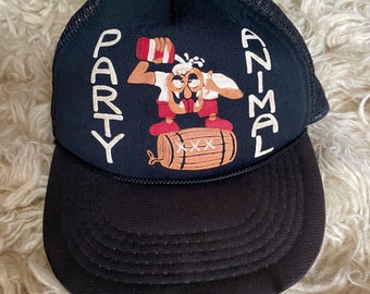 Vintage novelty mesh back tucker hat Party Animal funny gifts for them black cartoon drunk cap unisex thrashed 90s 80s retro cool punk rock