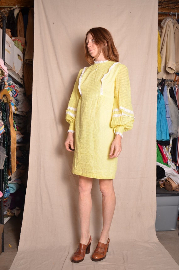 60s small yellow polkadot mini dress long sleeve … - image 2