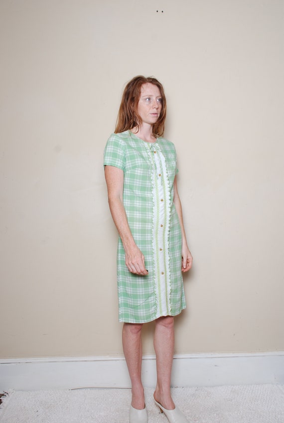 60s small green plaid short sleeve shift dress wo… - image 1