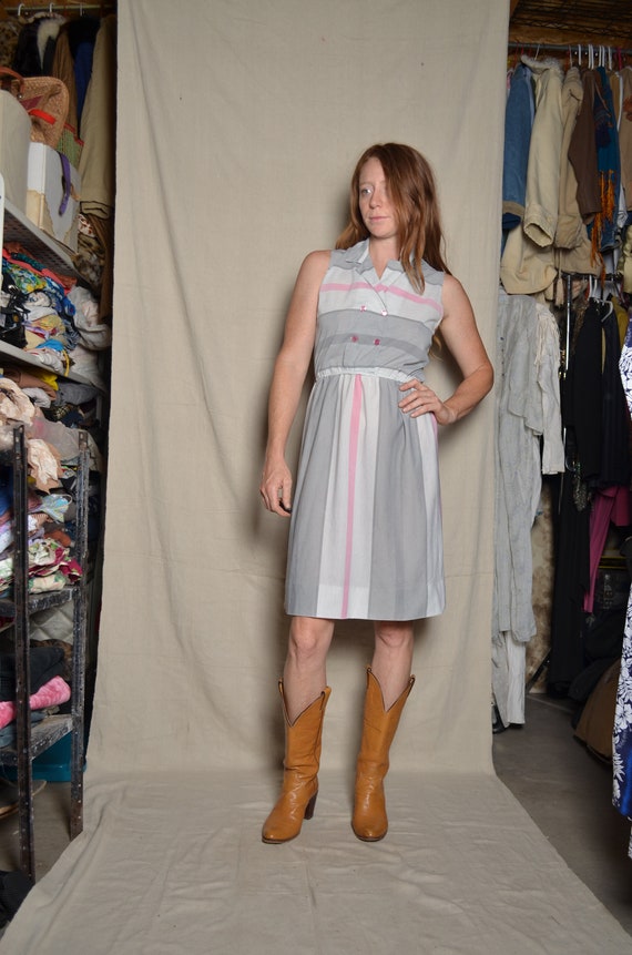 80s small gray pink striped collard top mini dress