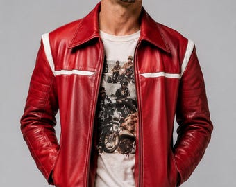 Tyler Durden Fight Club Jacka handgjord röd läderfilminspirerad bikerjacka herr Cosplay