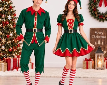 Jultomtekostym Handgjord Grön Röd Bomull Semester Cosplay Outfit Festkostym Scenevenemang