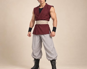 Handgjorda kampsportsdräkter Anime Fighter Cosplay Fantasy Warrior Halloween Convention Outfit Herrset