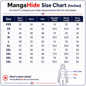 May include: A MangaHide size chart in inches featuring a table with columns for size, bust/chest, waist, hips, shoulder width, sleeve length, and dress length. It includes a diagram showing measurement points and text for custom sizing inquiries.