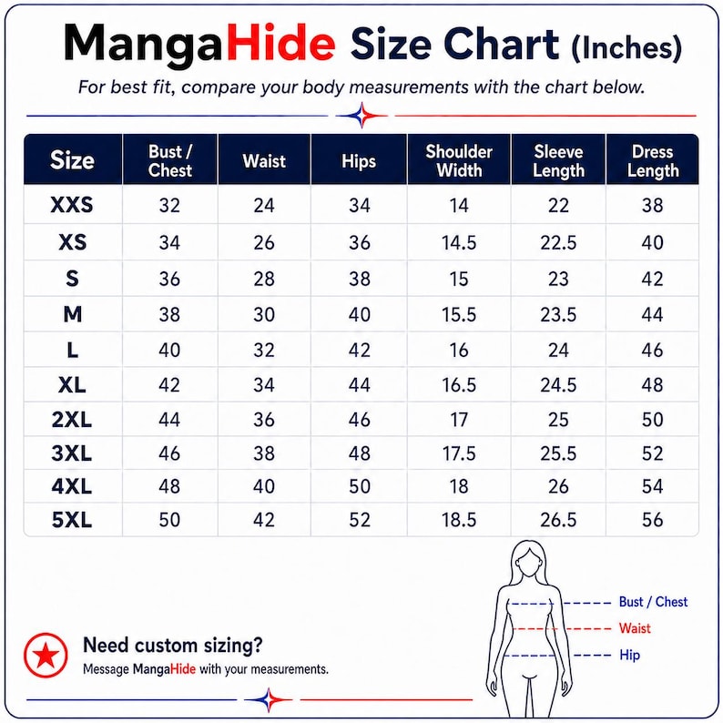 May include: A MangaHide size chart in inches featuring a table with columns for size, bust/chest, waist, hips, shoulder width, sleeve length, and dress length. It includes a diagram showing measurement points and text for custom sizing inquiries.