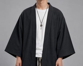 Kimono Cardigan Haori Jacka Handgjord Japansk Anime Herr Öppen Fram Lätt Ytterkläder Bomull