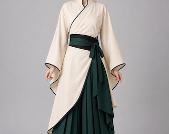 Cream Emerald Kimono Kostym Handgjord Japansk Inspirerad Kvinnlig Hakama Robe Anime Cosplay Outfit Klänning