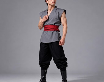 Black Warrior Gi Handgjord Kampsport Cosplay Kostym Herr Ärmlös Tunika Byxor Röd Skärp