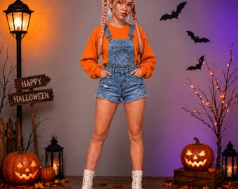 May include: A bright orange long-sleeved sweatshirt worn under blue denim overall shorts with a distressed finish. The outfit is paired with white lace-up platform boots. The ensemble features a casual style with a vibrant solid color top.