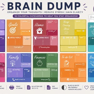 May include: A set of 20 printable brain dump pages featuring 10 colourful categories for organisation. The layout includes sections for goals, home, work, health, family, finances, and to-do lists with text labels like Brain Dump, Home, and Business.