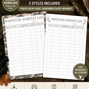 Puede incluir: Dos hojas imprimibles de registro de caza de ciervos con columnas para fecha, nombre, ubicación, sexo, puntos y hora. Una hoja tiene un borde de camuflaje y la otra es un diseño blanco limpio. El texto incluye Whitetail Harvest Log.