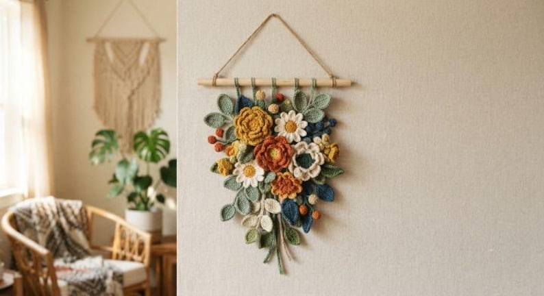 May include: A wall hanging featuring a crochet floral arrangement in shades of mustard yellow, burnt orange, cream, and sage green. The flowers and leaves are attached to a horizontal wooden dowel suspended by a thin, light brown twine cord.