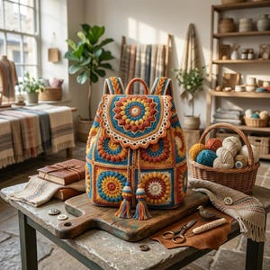 May include: A crochet backpack featuring a colorful granny square pattern in shades of blue, yellow, orange, and cream. The bag has a flap with a circular motif, a drawstring closure with two decorative tassels, and two shoulder straps.