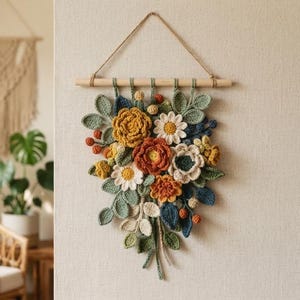 May include: A wall hanging featuring a crochet floral arrangement suspended from a wooden dowel with a jute cord. The bouquet includes crocheted flowers and leaves in shades of mustard yellow, burnt orange, cream, sage green, and navy blue.
