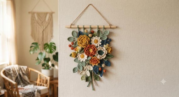 Crochet Floral Wall Hanging Pattern PDF, 3D Flower Wall Art Tutorial, Boho Botanical Garland Decor, Wildflower Bouquet Banner,