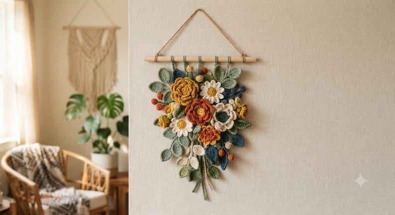 May include: A wall hanging featuring a crochet floral arrangement suspended from a wooden dowel with a jute cord. The bouquet includes crocheted flowers and leaves in shades of mustard yellow, burnt orange, cream, sage green, and navy blue.