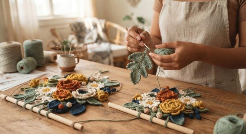 May include: Two wall hangings featuring crocheted flowers in shades of rust, mustard yellow, white, and dark blue, attached to wooden dowels. A crocheted green leaf is being worked on with a hook, with yarn spools visible on the table.