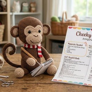May include: A brown and beige crocheted monkey toy with a red and white striped scarf, holding a small white notepad and a wooden stylus. Beside it are two printed pattern sheets titled Cheeky Monkey and Mini Scarf and Accessory Pattern.