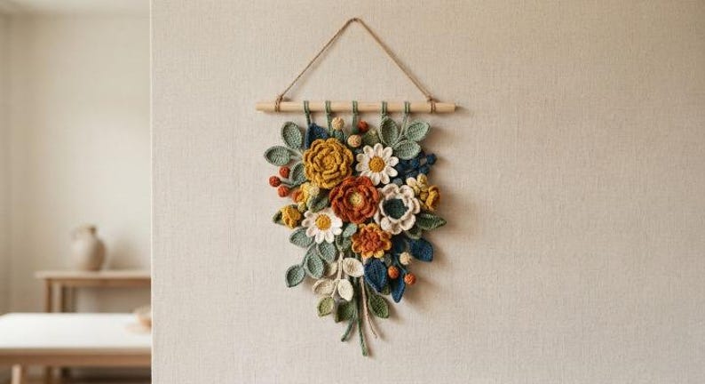 May include: A wall hanging featuring a collection of crocheted flowers and leaves in shades of mustard yellow, burnt orange, sage green, and navy blue. The arrangement is suspended from a horizontal wooden dowel with a thin twine cord.