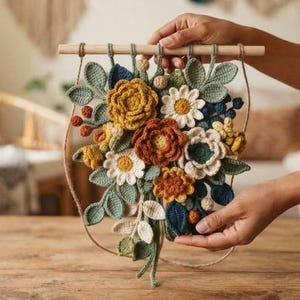 Crochet Floral Wall Hanging Pattern PDF, 3D Flower Wall Art Tutorial, Boho Botanical Garland Decor, Wildflower Bouquet Banner, image 2