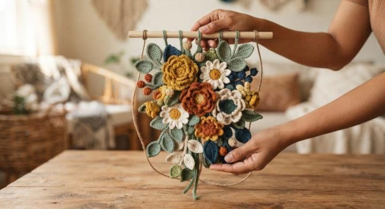 Crochet Floral Wall Hanging Pattern PDF, 3D Flower Wall Art Tutorial, Boho Botanical Garland Decor, Wildflower Bouquet Banner, image 2