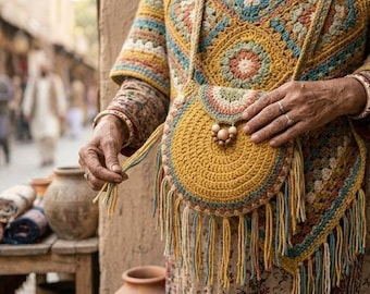 Boho Crochet Crossbody Bag Pattern, Handmade Round Fringe Purse PDF, Easy Festival Style Slouchy Bag Tutorial, Bohemian Hippie Accessory