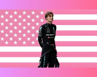 May include: A person wearing a black long-sleeved racing suit with white sponsor logos and text including PETRONAS, IWC, and Snapdragon, positioned against a background featuring a pink and white flag pattern with white stars in the upper left corner.