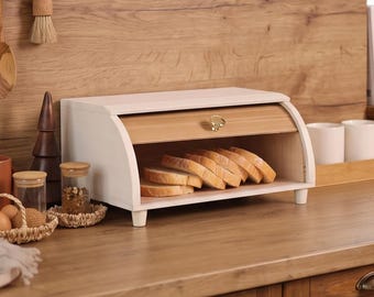 Scatola per il pane in legno bianco fatta a mano con coperchio arrotolabile, contenitore per il pane